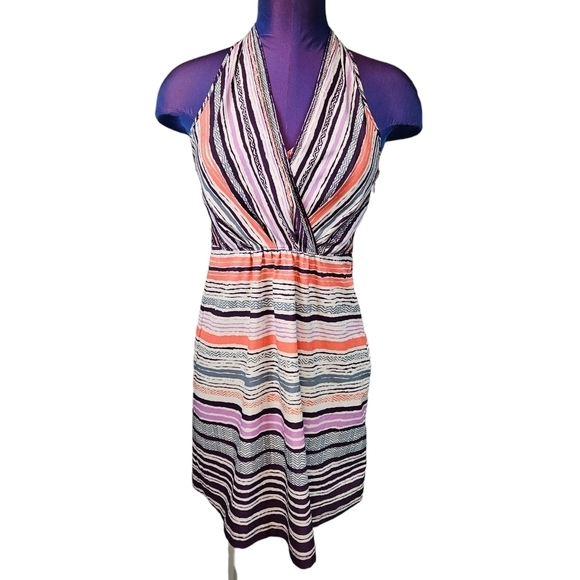 Athleta Purple Striped Go Anywhere V-Neck Smocked Back Halter Dress Size 4 P73‎ - Picture 1 of 10